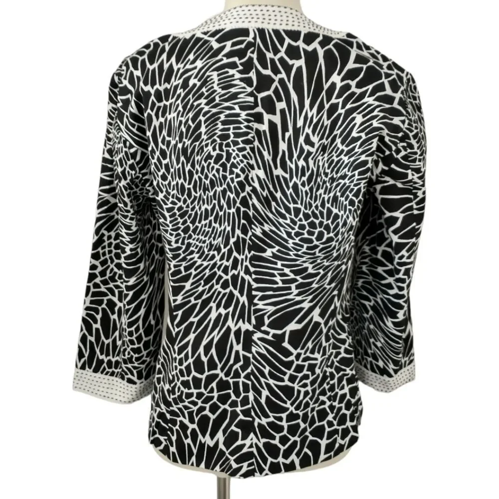 Chicos Floral Sequin Jacket S White Black Embellished 3/4 Sleeve Button‎ Front